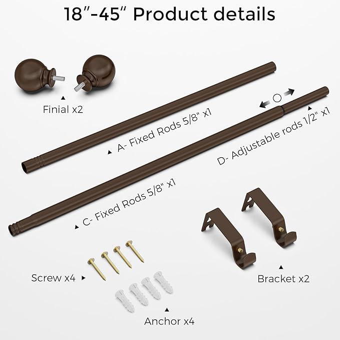 Bronze Curtain Rods 28 to 48 Inches(2.3-4 Feet),5/8 inch Splicing Drapery Rods,Small Curtain Rods Set,Size: 18''-45'',Bronze