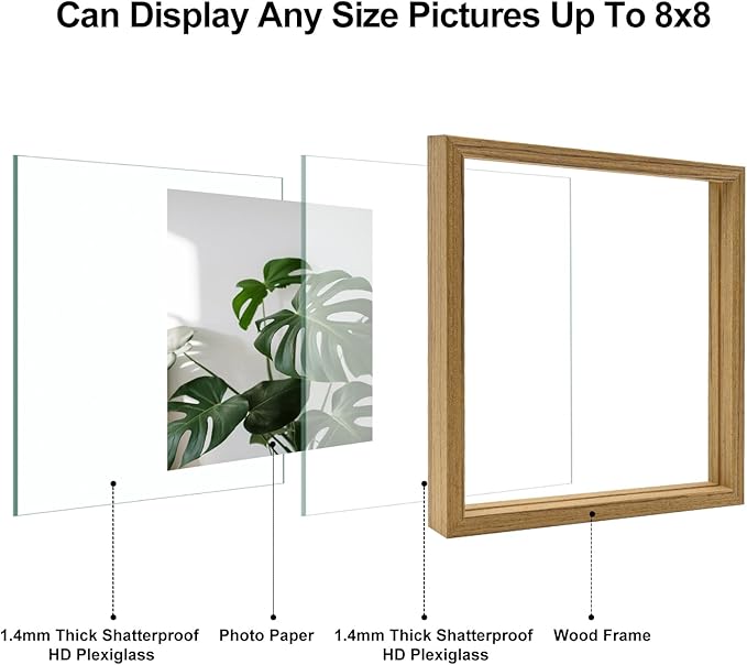 Egofine 8x8 Floating Frames Set of 2, Double Plexiglass Picture Frame, Made of Solid Wood Display Any Size Photo up to 8x8, Wall Mount or Tabletop Standing, Carbonized