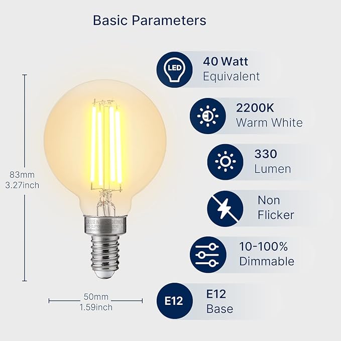 FLSNT 40W Equivalent LED Globe Candelabra Bulbs, Dimmable G16.5 LED E12 Chandelier Light Bulbs, 330LM, CRI82, 4W, AC 120V, 12 Pack, 2200K Warm White