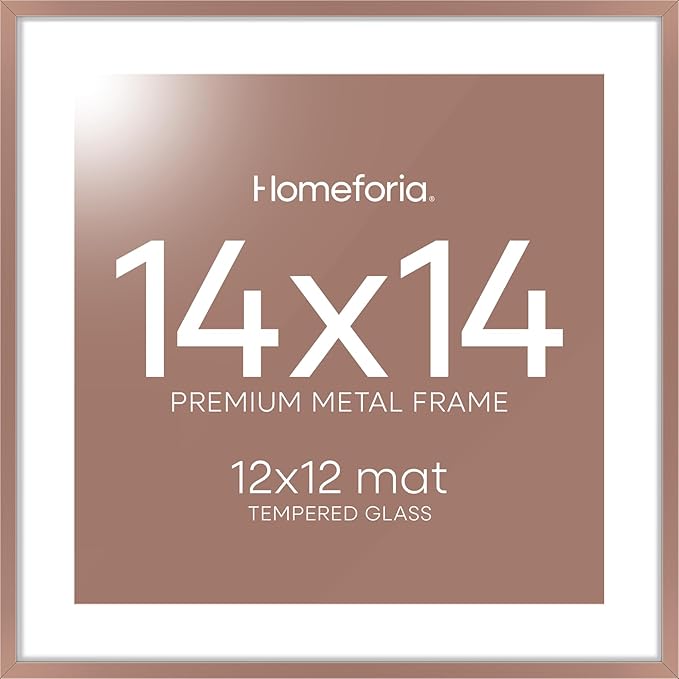 Homeforia 14x14 Picture Frame Mocha, High End Metal 14 x 14 Square Poster Frames with Mat 12 x 12 Photo, 14x14 Mocha Frame Matted to 12x12 Print, 14by14 Thin Frames, Tempered Glass, Wall Kit, Set of 1