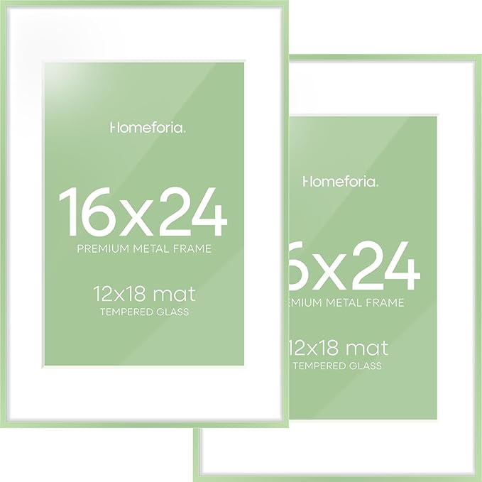Homeforia 16x24 Sage Green Picture Frame, High End Metal 16x24 Poster Frames with Mat 12x18 inch Photo, 16 x 24 Sage Green Frame Matted to 12 by 18 Art, 24x16 Frame, Tempered Glass, Wall Kit, Set of 2