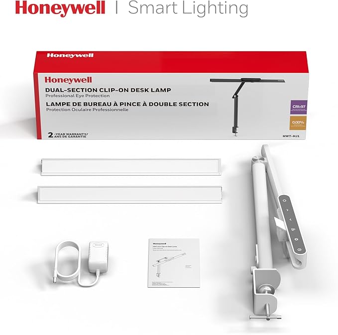 Honeywell LED Desk Lamp with Clamp - HJ1 Sunturalux Eye-Caring Clip on Lights for Home Office, 1200LM Clamp Lamp 4 Color Modes Stepless Dimming Task Desk Light for Working White