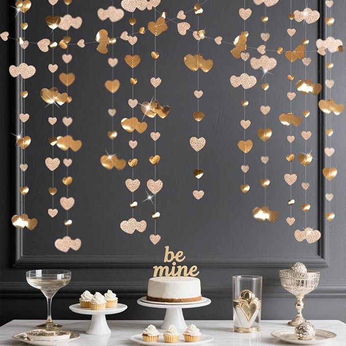 Valentines Day Party Decorations Champagne Gold Heart Garland Metallic Glitter Paper Love Heart Streamer Banner for Anniversary Mothers Day Engagement Bridal Shower Wedding Bachelorette Birthday Party
