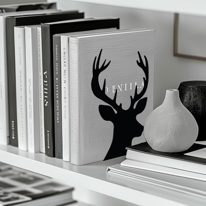 Peacoblue Metal Bookends for Shelves, Modern Decorative Heavy Duty Study Book Support Stoppers for Office, Desk, Shelf, Room 5.3"x4.3"x7.9" Cast Iron Simple Tall Bookends, 1 Pair (Deer Head)