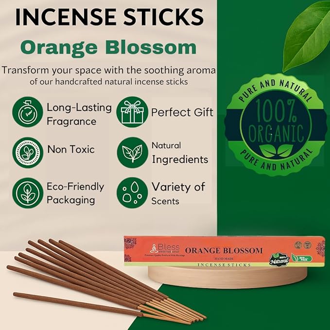 Bless-Orange-Blossom 100%-Natural-Handmade-Hand-Dipped-Incense-Sticks Organic-Chemicals-Charcoal-Free Purification-Relaxation-Positivity-Yoga-Meditation Best-Woods-Scent (100 Sticks(5.25 OZ))