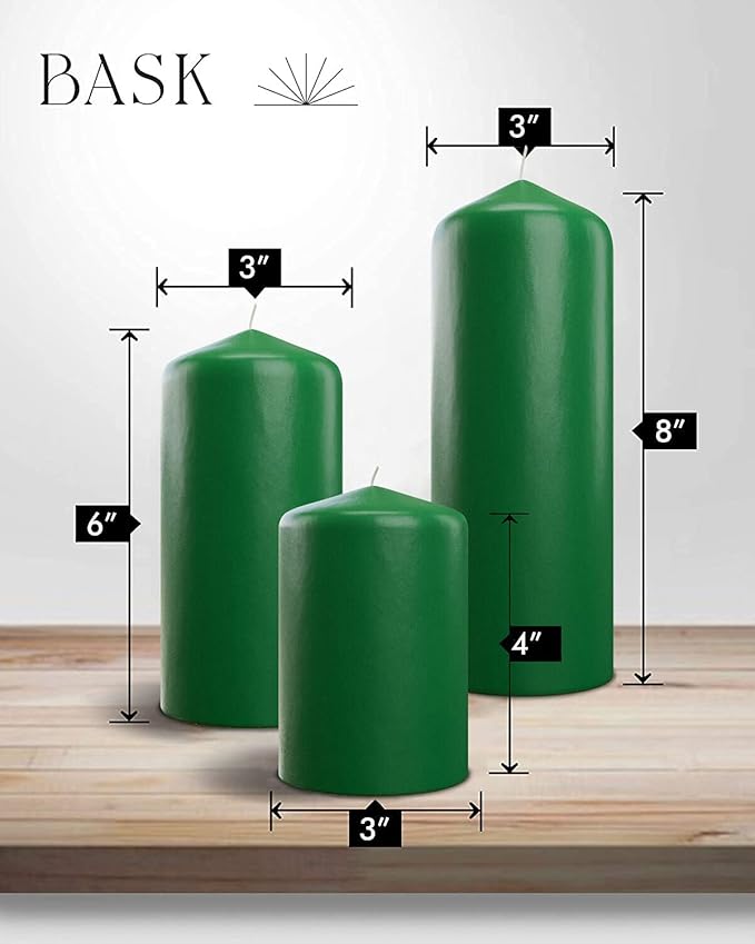 Bask Cone Top Pillar Candles - Elegant Green Candles - Set of 3 Green Pillar Candles - 3"x4", 3"x6", and 3" x8 - Smokeless and Dripless Decorative Candles for Home Decor and Relaxation