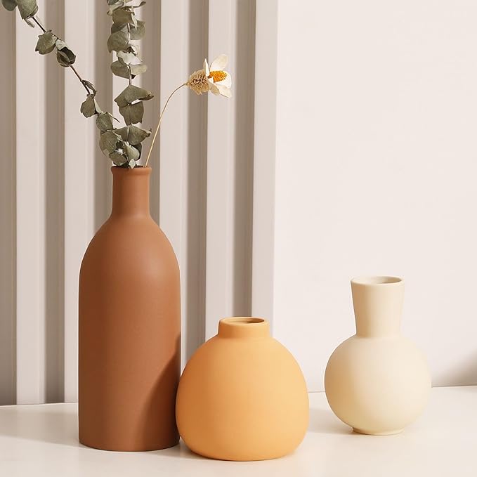Ceramic Vase Set of 3 - Handcrafted Ceramic Vases for Home Decor & Shelf - Modern Farmhouse Decor for Kitchen, Office, Bedroom & Living Room Decorative Objects for Mantel, Table Centerpieces