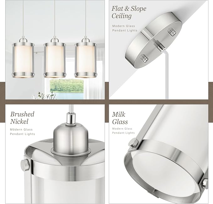 Brushed Nickel Pendant Lights Kitchen Island 3 Pack, Modern Kitchen Pendant Lighting Over Island with Milk Glass, Farmhouse Mini Hanging Light for Sink Dining Room, OS-3014-3PBN