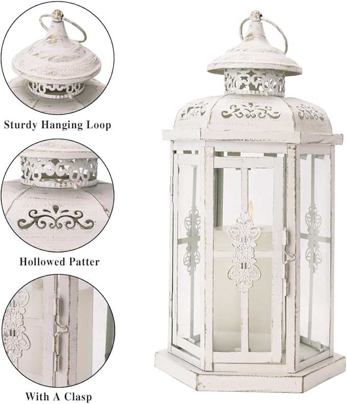 JHY DESIGN Set of 3 Decorative Candle Lanterns 20''&14"&10" H Outdoor Candle Lanterns Vintage Metal Cand leholder for Indoor Outdoor, Events, Parities and Weddings(White with Gold Brush)
