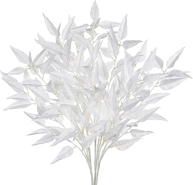 DILATATA Faux White Eucalyptus Stems – 32” Artificial Willow Leaves, 5 Pcs Long White Eucalyptus Branches for DIY Bouquets, Centerpieces, Shower & Wedding Decorations