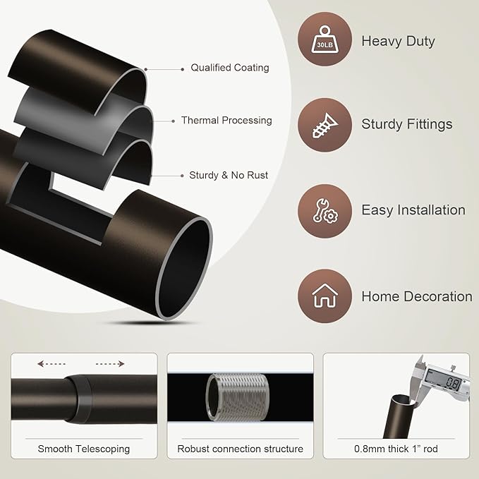 2 Pack Modern Brown Curtain Rods Set for Windows 66 to 120 Inches Adjustable Length Heavy Duty 1" Diameter Window Curtain Rod with Decorative Finials for Outdoor Bedroom Kitchen Living Room
