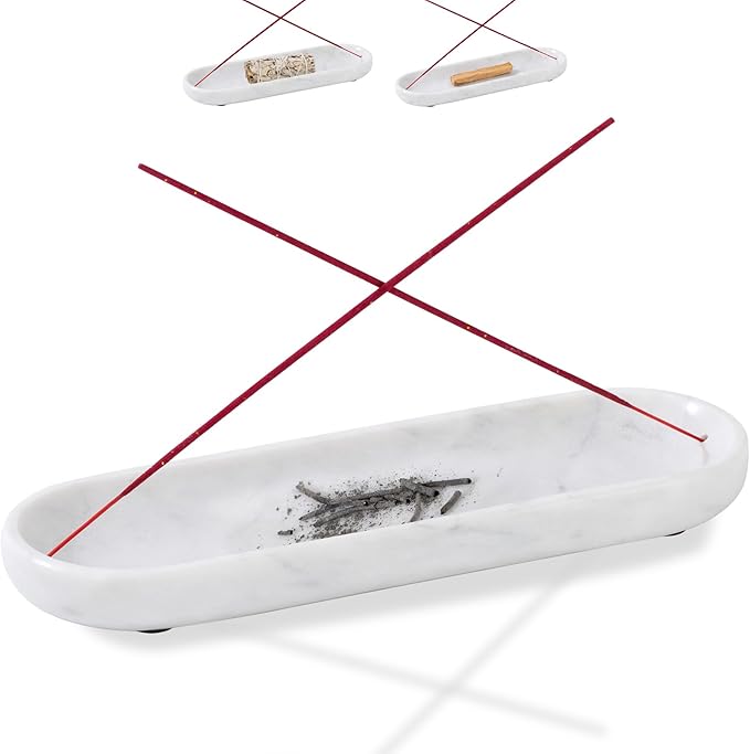 Incense Holder, Natural Marble Incense Burner, Incense Stick Holder for Meditation, insence-Sticks Holder, 10.6inch Ash Catcher (White)