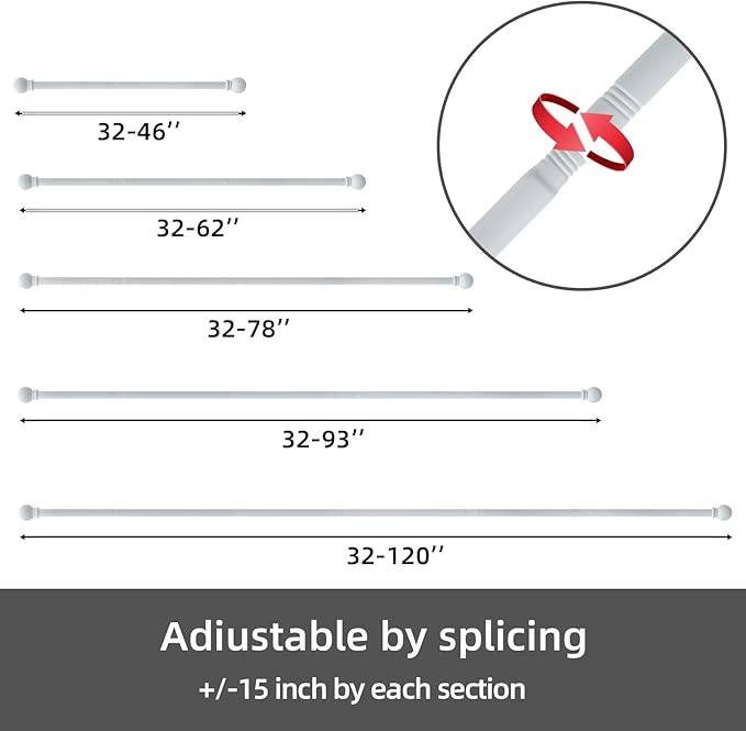 Curtain Rods for windows 66-120 inch, 5/8 inch Decorative White Splicing Heavy Duty Metal Curtain Rod set with Brackets