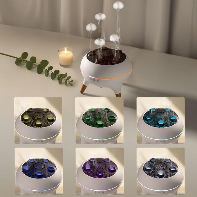 Mushroom Cloud Humidifier, Aromatherapy Essential Oil Diffuser with Sound-Activated Mode, 7-Smoke Modes Jelly Fog & Color LED, Large Water Tank with Auto-Shutoff, for Home Bedroom Office Yoga Studio