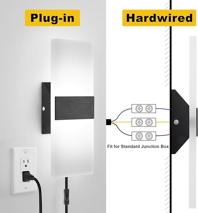 4 Pack Plug in Wall Sconces with Remote Control, Dimmable, Adjustable 3000K-6500K Colors, Black 12W Acrylic LED Plug in Wall Light, Wall Lamps for Bedroom Living Room Hallway Stair