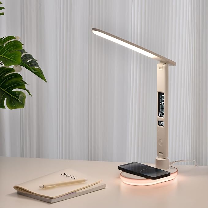Multi Functional Table Lamp U20 White,Multifunctional Foldable Desk Lamp with Wireless Charging, Perpetual Calendar Display, Adjustable Angle, Night Light, and RGB Lighting.