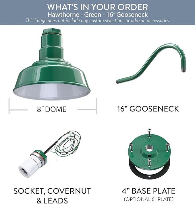 Steel Lighting Co. Hawthorne Barn Light | Outdoor Wall Mounted | 8 inch Dome | 16 inch Gooseneck| Small Farmhouse Light Made in America | Green Exterior/White Interior
