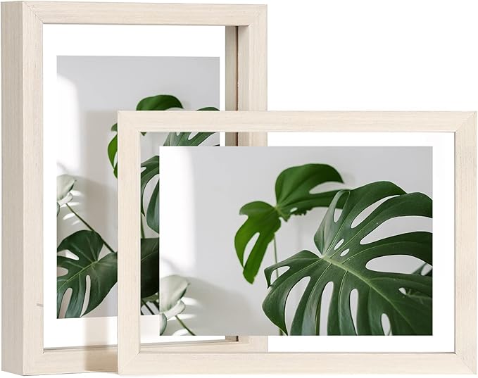 Egofine 5x7 Floating Frames Set of 2, Double Plexiglass Picture Frame, Made of Solid Wood Display Any Size Photo up to 5x7, Wall Mount or Tabletop Standing, Beige