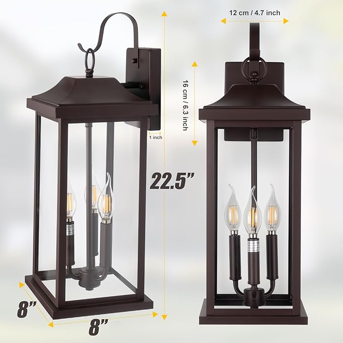 3-Light Extra Large 23” Outdoor Light for House Oil Rubbed Bronze, IP65 Waterproof Brown Exterior Light Fixture with Clear Tempered Glass Outside Wall Mounted Lamp Front Porch Light, E12