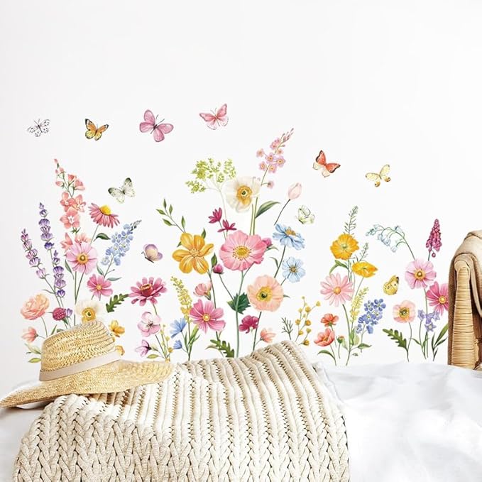 Butterfly and Wild Flower Wall Decals Peel and Stick for Girls Room Wall Decals, Living Room, Nursery, Removable Waterproof Stickers & Murals for Home Decor