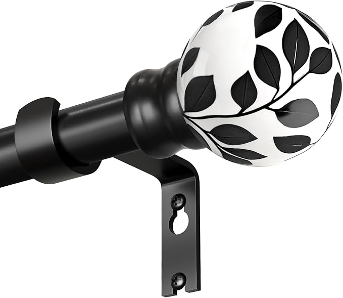 Ceramic Black Curtain Rods for Windows 48 to 84 Inches Adjustable Length Heavy Duty 1" Diameter Window Curtain Rod with Modern Leaf Pattern Decorative Finials for Bedroom Kitchen Living Room