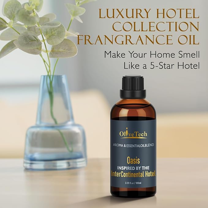 Hotel Diffuser Oil Inspired by Intercontinental Hotel Oasis Scent, OliveTech Aromatherapy Fragrance Oil for Cold Air & Ultrasonic Diffusers, 100ml / 3.38 ft oz Glass Bottle