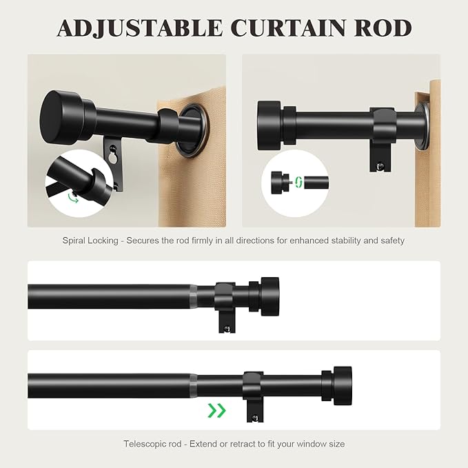 Oneach Black Curtain Rods for Windows 48 to 84 Inch, 1 Inch Pole Adjustable Length Heavy Duty Metal Curtain Rod Set, for Outdoor Bedroom Kitchen Living Room (16 to 88 Inch)