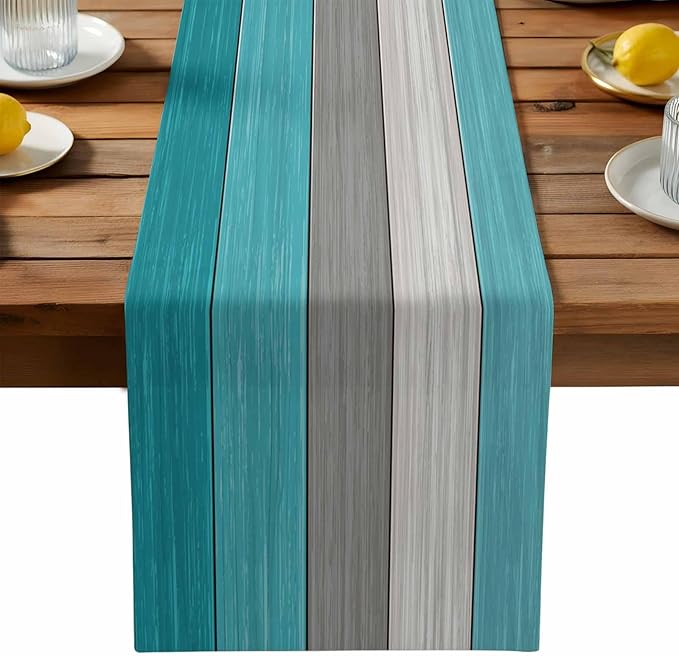 Vandarllin Farmhouse Cotton Linen Table Runner Dresser Scarf Retro Rustic Barn Wood Texture Ombre Aqua Blue Gray Non-Slip Rectangle Settings Decoration for Kitchen Home Dining Holiday,72 inches Long