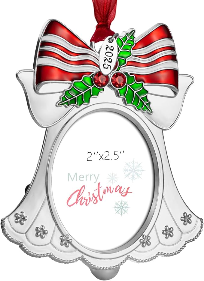Christmas Tree Ornament - Decorative Hanging 2025 Holiday Keepsake Gift Pendant with 2X2.5 Inch Photo Frame Insert for Picture of Pet(Bell Silver)