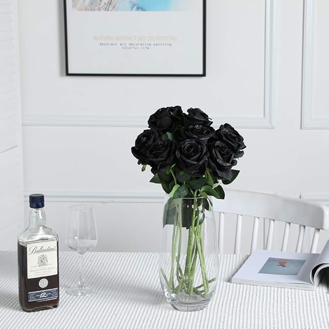 Nubry Artificial Silk Rose Flower Bouquet Lifelike Fake Rose for Wedding Home Party Decoration Event Gift 10pcs (Black)
