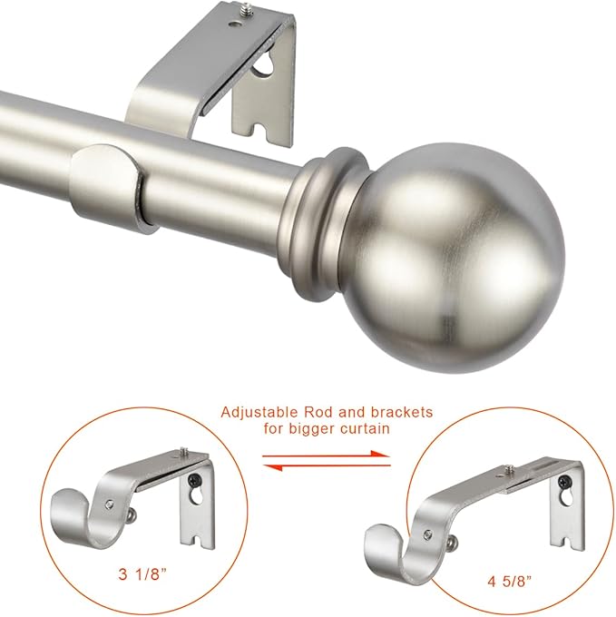 YunNephele Window Curtain Rods 36-72 inches Nickel Brushed, Classic Ball Finials Design Curtain Rod, 1 inch Metal Iron Single Drapery Rod, Heavy Duty Adjustable Curtain Rod Set