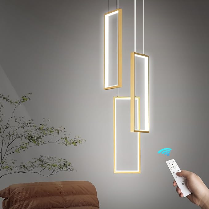 Modern Kitchen Pendant Light Fixture Gold 40W LED Pendant Light 3 Rings Rectangle Chandelier Pendant Lighting for Kitchen Island Living Room Dining Room Bedroom