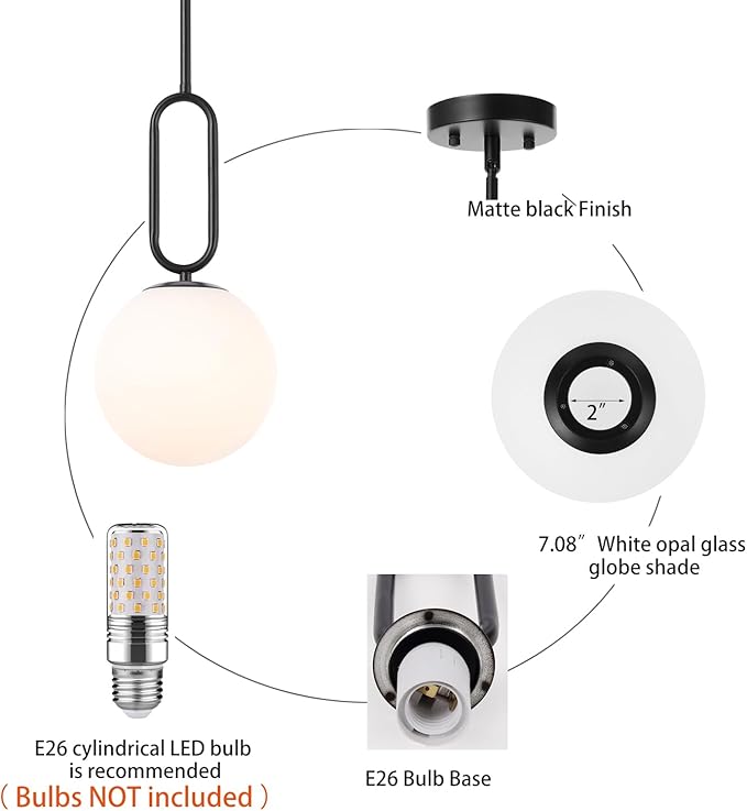 Modern Black Globe Pendant Light Milky White Globe Glass Shade 2 Pack Adjustable Rods Hanging Ceiling Light Fixtures for Kitchen Island Living Room