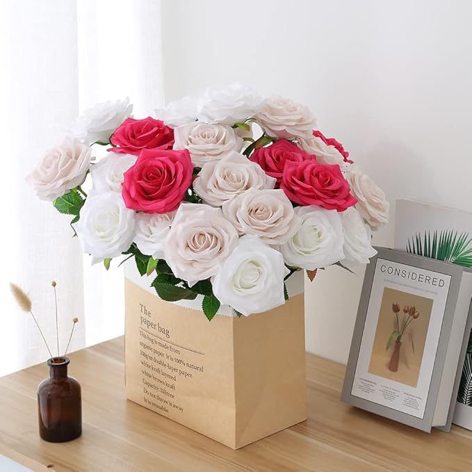 Artificial Rose 10pcs Open Flower Bouquet Faux Rose Stems for Wedding Arrangement, Bridal Bouquet, Centerpiece, Fake Faux Silk Flowers (Nude)