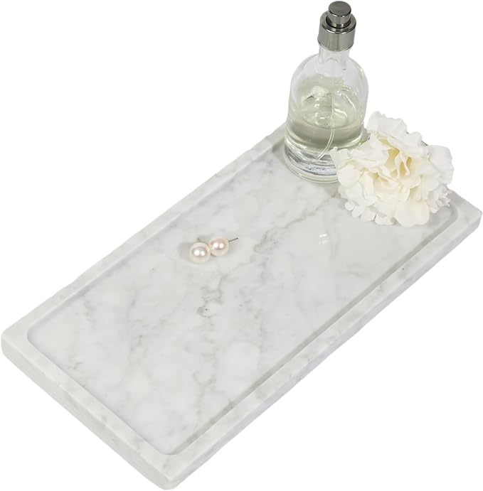Solid Natural Marble Vanity Tray - 11.8"x5.9" Rectangular Bathroom & Dresser Organizer, Non-Resin Stone Tray for Jewelry/Perfume, Marble Trays for Decor Rectangl