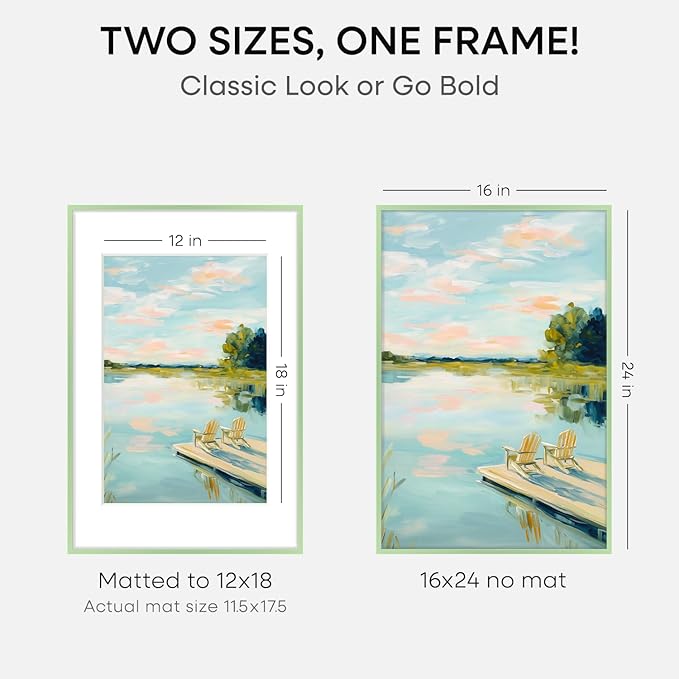Homeforia 16x24 Sage Green Picture Frame, High End Metal 16x24 Poster Frames with Mat 12x18 inch Photo, 16 x 24 Sage Green Frame Matted to 12 by 18 Art, 24x16 Frame, Tempered Glass, Wall Kit, Set of 2