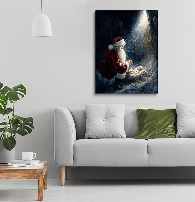 Santa And Christ Child Wall Art,Kneeling Santa,Santa Kneeling,Santa Nativity,Baby Jesus Manger Poster, Santa Kneeling At Manger,Christ Child In Manger Print,Jesus And Santa Art 24x32inch Framed Art