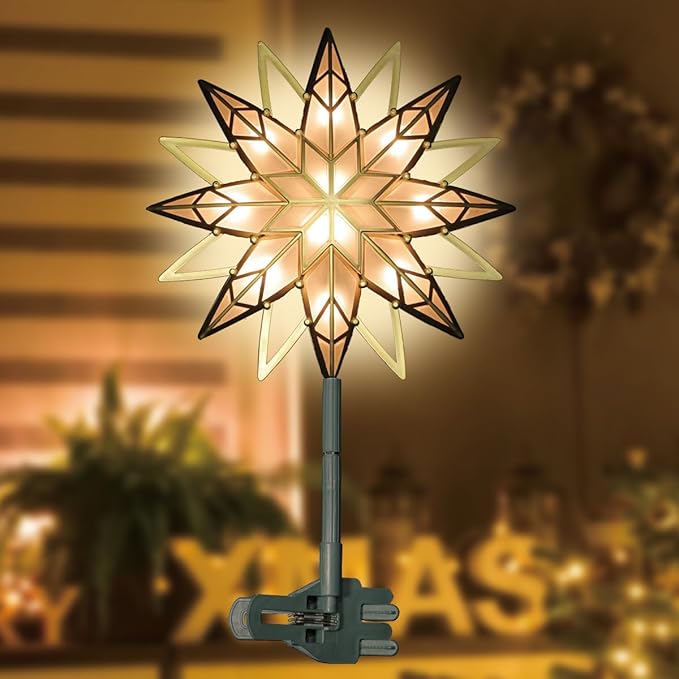 LAMPHOME 12" 10L Christmas Snowflake Tree Topper (Gold), Christmas Star Tree Light, Warm White