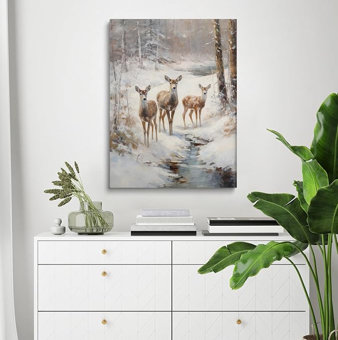 Christmas Tree Deer Decor,Snowy Forest Wall Art,Deer Painting,Deer in Snow Poster,Christmas Wall Art,Rustic Vintage Christmas Decor,Nature Wall Art,Winter Seasonal Decor16x24inch Framed Art