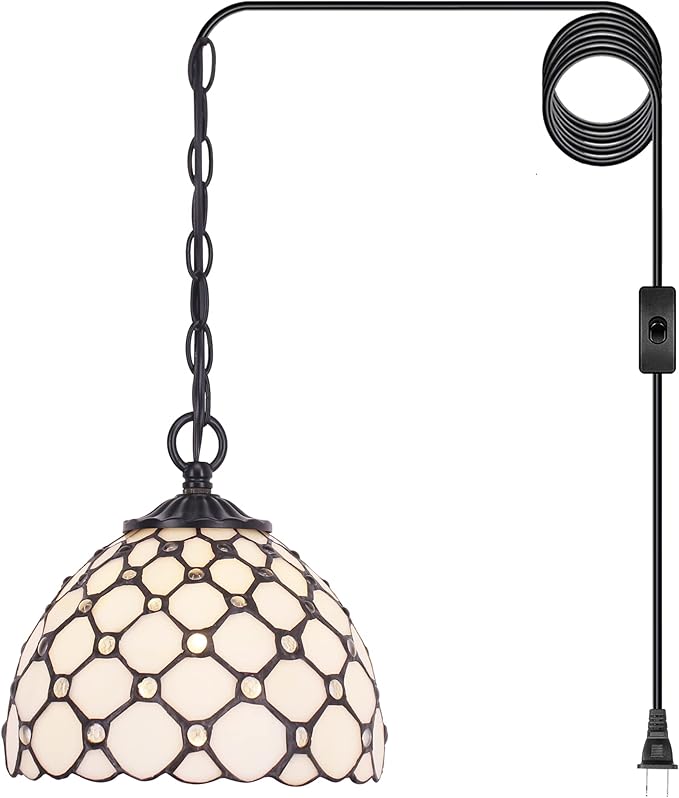 Small Tiffany Pendant Light Stained Glass Plug in Hanging Lamp 8 Inch Adjustable Height Hanging Chandelier Pendant Fixture for Home Kitchen Island Dining Room (Cream Pearl Bead Style)