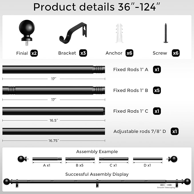 Long Curtain Rods 66 to 120 Inch, Black 1 Inch Adjustable Heavy Duty Curtain Rods for Windows, Decorative Modern Window Treatment Rod, Splicing Metal Drapery Pole, Easy Installation