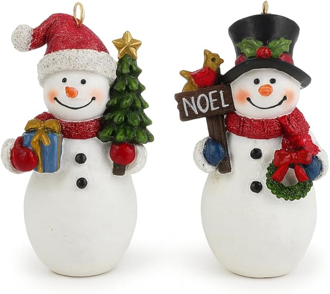 Christmas Snowman Ornament Set of 2 – Hand-Painted Resin Figurines with Hanging Cord, Cute Holiday Decorations for Tree, Mantel, or Gift – 4" Tall Lightweight Christmas Decor (Snowmen)