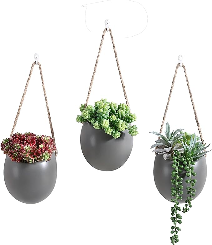Set of 3 Ceramic Wall Planters with Hooks, Hanging Planter for Greenery and Dried Flowers, Home & Office Wall Decor