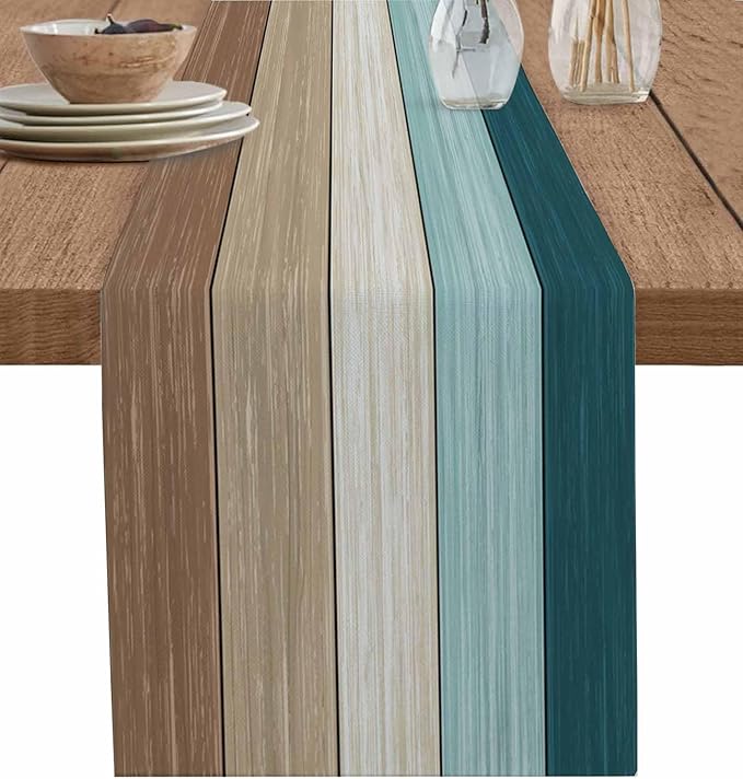 Teal Blue Brown Table Runner,Beach Cotton Linen Tablecloth Summer Holiday Farmhouse Table Decorations for Home,Kitchen,Dining Room,Indoor,Outdoor,13X108 Inches Long,Retro Rustic Barn Wood Texture