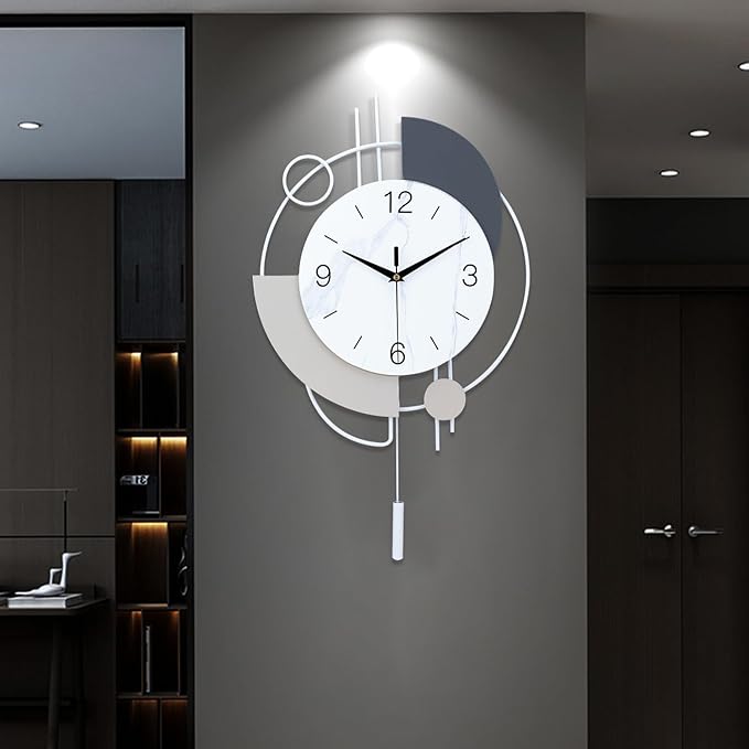 Decorative Silent Quartz Wall Clock with Pendulum, Battery Operated, Large for Living Room, Kitchen, Home, Bathroom, Bedroom - 13x21.65in(White)