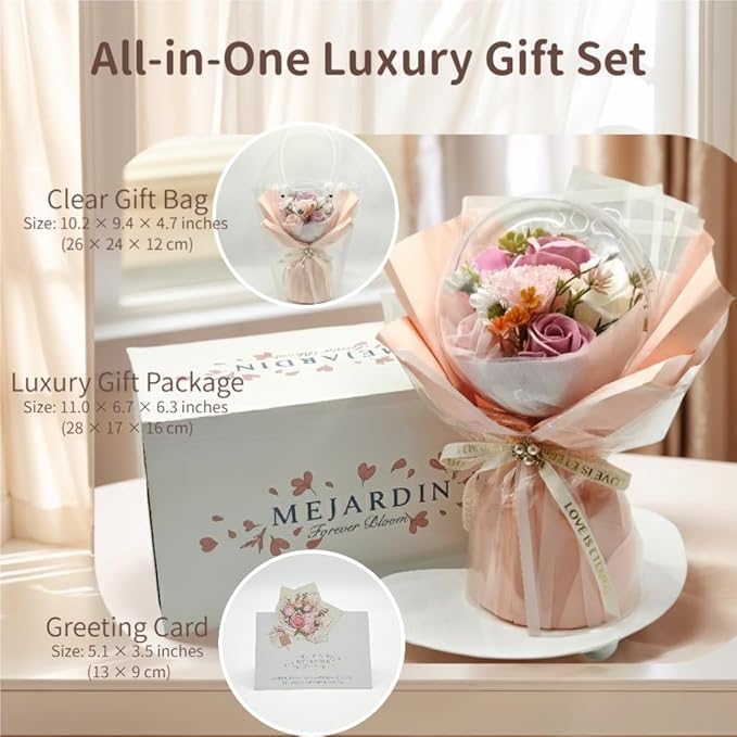 Soap Flowers Bouquet, Artificial Flowers in Gift Box with Gift Bag & Greeting Card, Flowers for Delivery, Pink Flowers Birthday Gift for Women Mom Wife Grandma Her