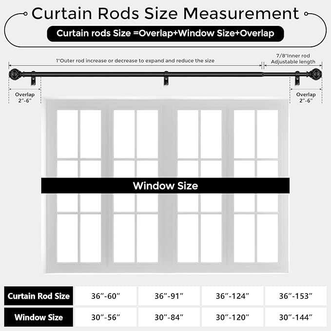Long Black Curtain Rod, Heavy Duty 1 Inch Decorative Curtain Rods for Windows 72 to 144 Inch, Single-Side Adjustable Vintage Rustic Matte Black Drapery Pole with Boho Netted Texture Finials