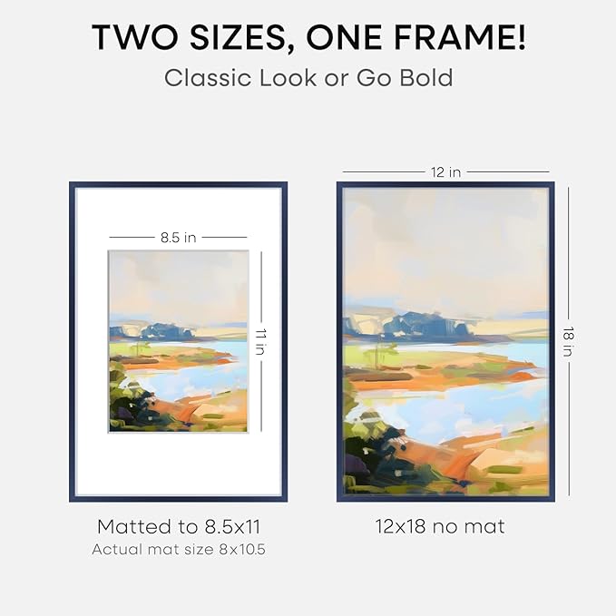 Homeforia 12x18 Picture Frame Navy Blue, High End Metal 12x18 Poster Frames with Mat 8.5x11 in Photo, 12 x 18 Navy Blue Frame Matted to 8.5 by 11 Print, 18x12 Frame, Tempered Glass, Wall Kit, Set of 1