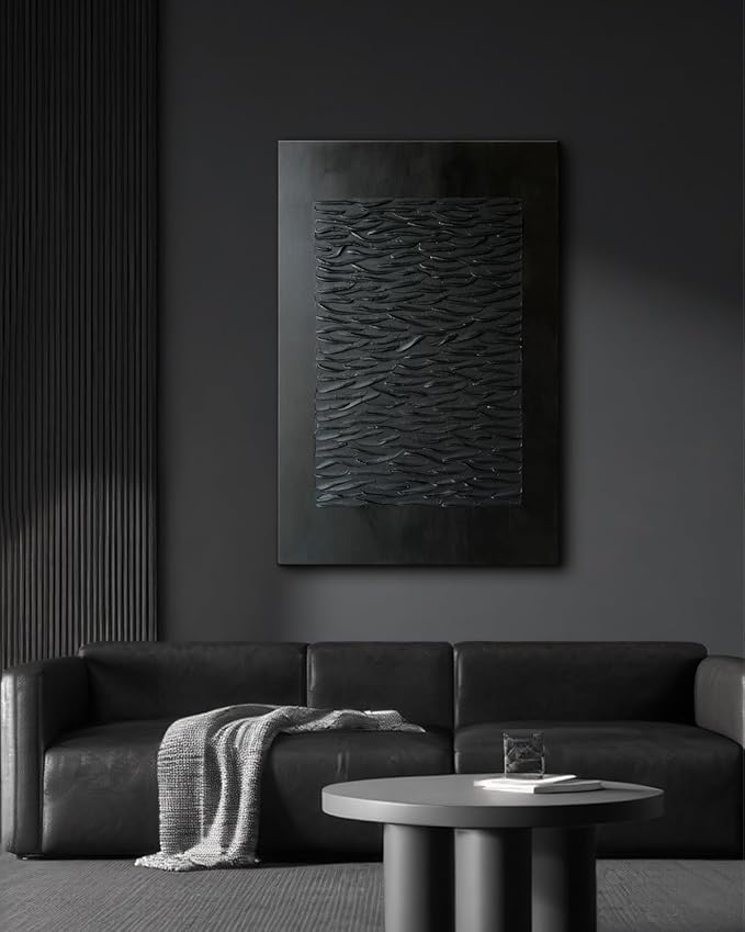 Creespi Hand Painted Black Abstract Wall Art 30x45 inches,Modern Minimalist Textured Canvas Oil Painting for Home Wall Décor