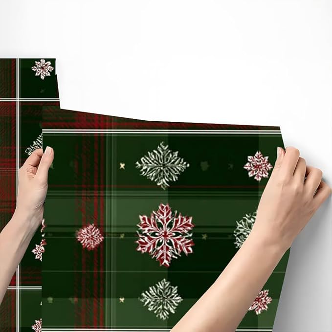 Christmas Plaid Removable Peel and Stick Wall Stickers 39.37x15.75 Inch Red White Snowflakes Green Tartan Modern for Bedroom Living Room Holiday Spaces Decor